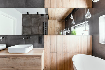 Wall Mural - Scandinavian design in modern bathroom with wooden and concrete decor