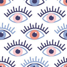 Seamless Pattern With Evil Eyes In Hand Drawn Flat Design, Contemporary Modern Style