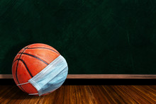 Basketball Wearing Mask With Chalkboard Background And Copy Space
