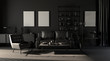Dark greyscale room with empty picture frames on the wall, sofa, armchair, floor lamp, carpet and curtain in  monochrome black color, 3d rendering