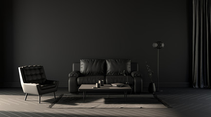 Wall Mural - Empty wall, dark room with sofa and chair and floor lamp for poster mockups and backgrounds, 3d rendering