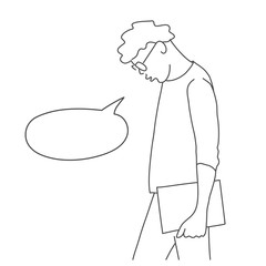 Sticker - Guy with glasses and speech bubble. Man with his head bowed. Line drawing illustration.