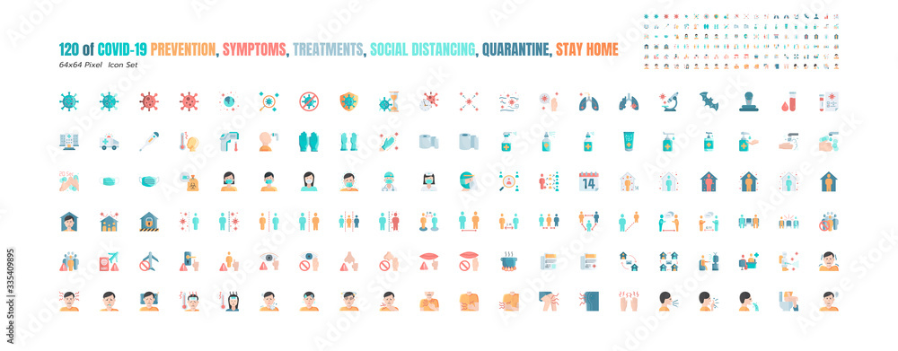 Simple Set of Covid-19 Prevention Flat Icons. such Icons as Protective Measures, Coronavirus, Hygienic Healthcare, Social Distancing, Hands Washing, Symptoms, Quarantine, Stay at Home. 64x64 Pixel. - obrazy, fototapety, plakaty 