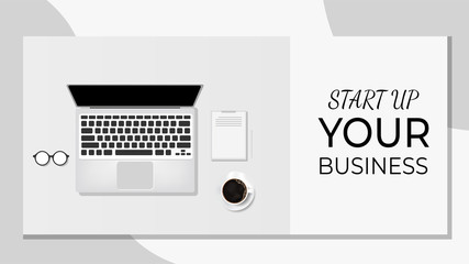 Wall Mural - Start up your business template with laptop and coffee. top view vector layout. work from home vector