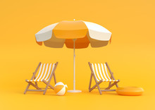 Beach Umbrella With Chairs And Beach Accessories On The Bright Orange Background. Summer Vacation Concept. Minimalism Concept. 3D Rendering, 3D Illustration