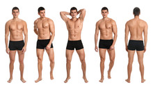 Collage Of Man With Sexy Body On White Background. Banner Design