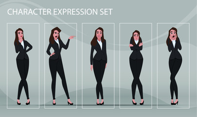 Wall Mural - Businesswoman in different emotions and expressions. Businessperson in casual office look. Fashion lady