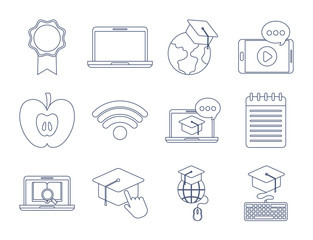 Sticker - set of icons online education, education technology, line style icon