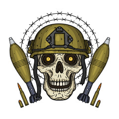 Wall Mural - Soldier skull. Skull in helmet with mortar shells and barbed wire.