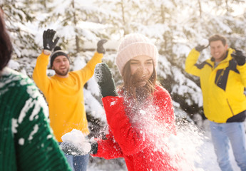 Sticker - Happy friends playing snowballs outdoors. Winter vacation