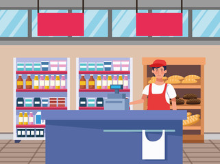 Wall Mural - salesman worker in supermarket scene