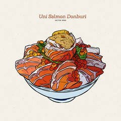 Wall Mural - Uni salmon Donbuti, hand draw sketch japanese food.