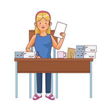 Woman Working With Pile Documents In Desk