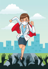 Poster - super female doctor runing with people cheering