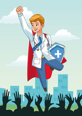 Poster - super doctor flying with shield and people cheering