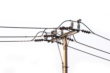  Electric poles and electrical cables are connected to the consumer,
On a white isolated background.