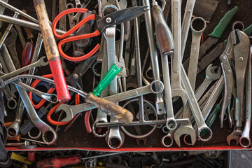 Wrenches and tools for mechanics in a garage