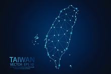 Abstract Mash Line And Point Scales On Dark Background With Map Of Taiwan. Wire Frame 3D Mesh Polygonal Network Line, Design Sphere, Dot And Structure. Vector Illustration Eps 10.