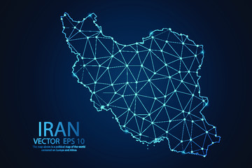 Poster - Abstract mash line and point scales on dark background with map of Iran. Wire frame 3D mesh polygonal network line, design sphere, dot and structure. Vector illustration eps 10.