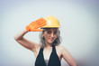 © aeroking - Engineer, entrepreneur or architect business woman. Portrait, female professional wearing yellow hard hat.
