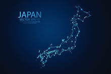 Abstract Mesh Line And Point Scales On Dark Background With Map Of Japan. Wire Frame 3D Mesh Polygonal Network Line, Design Sphere, Dot And Structure. Vector Illustration Eps 10.