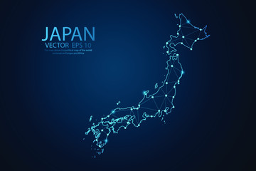 Poster - Abstract mesh line and point scales on dark background with map of Japan. Wire frame 3D mesh polygonal network line, design sphere, dot and structure. Vector illustration eps 10.