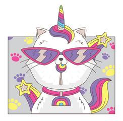 Wall Mural - Cat unicorn wears sunglasses illustration vector.