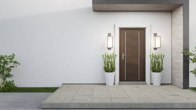 new house with wooden door and empty white wall. 3d rendering of large patio in modern home.