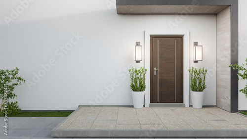 Fotografía New house with wooden door and empty white wall