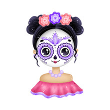 Portrait Of A Cute Mexican Girl With Big Eyes And Skull Makeup On A White Background
