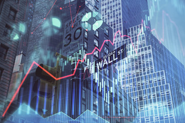 Forex chart on cityscape with tall buildings background multi exposure. Financial research concept.