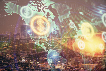 Financial graph on night city scape with tall buildings background double exposure. Analysis concept.