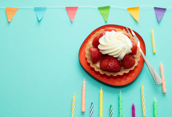 Wall Mural - Birthday cake with strawberries and whipped cream.