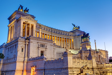 The Victor Emmanuel II National Monument in Rome, Italy, at dusk