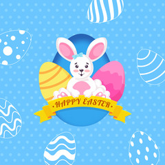 Wall Mural - Cute Easter Bunny and Decorative Eggs on Doodle Skyblue Background.