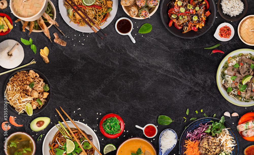 Asian food background with various ingredients on rustic stone background , top view. Vietnam or Thai cuisine. - obrazy, fototapety, plakaty 