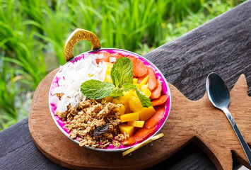 Superfood meal Concept of healthy eating and  healthy lifestyle in the morning with green background