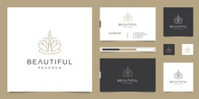 Logo Design Beautiful Peacock And Business Card Template. Minimalist Luxury Fashion Line Designs, Jewelry, Salon, Spa.