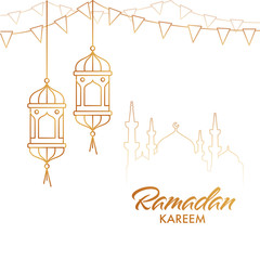 Sticker - Islamic Holy Month of Ramadan Kareem with Line-art Style Hanging Lanterns, Bunting Flags, and Mosque on White Backgound.