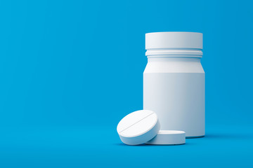 White tablets or painkillers with a pharmacy bottle on a medical background. White pills for alleviating illness or fever. 3D rendering.