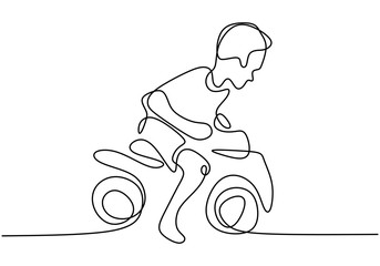 Wall Mural - A boy playing with his motorbike toys. Happy playing with toys. Continuous one line. Vector illustration