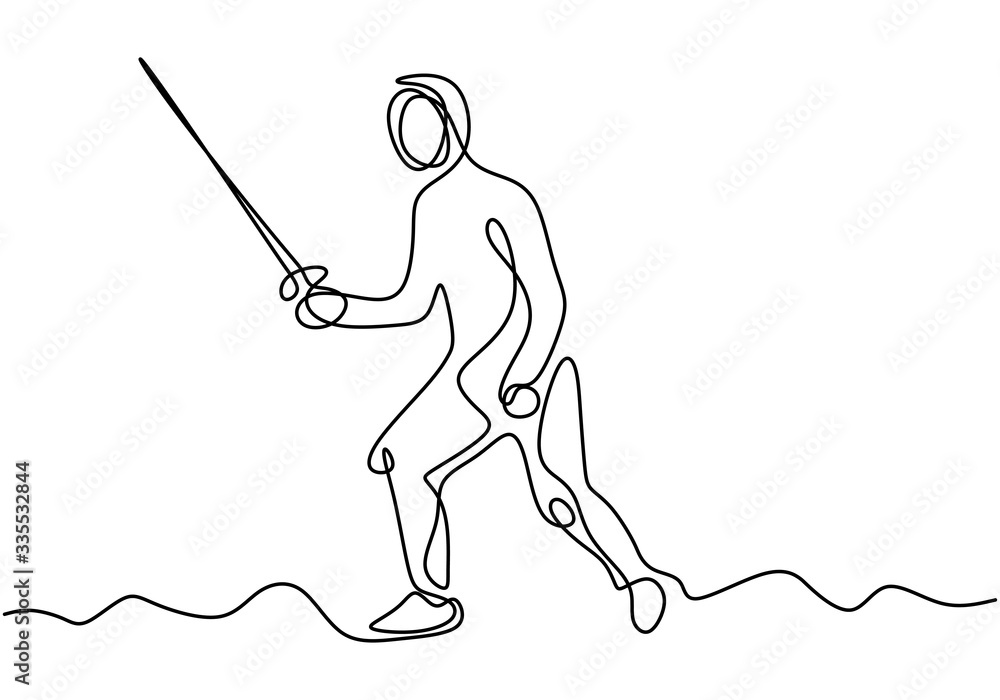 One continuous line drawing of two young man fencing athlete. fencer ...