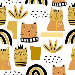 Wall Mural - Cute cats seamless pattern. Cartoon animals withcolorful background. Creative childish texture. Great for fabric, textile. Vector illustration