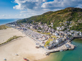 Fototapeta Miasto - Aerial view of Barmouth town and beach, Snowdonia, Wales, UK
