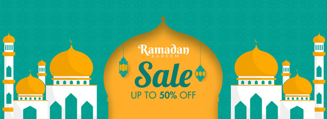 Sticker - Islamic Holy Month of Ramadan Kareem Sale banner with hanging colorful mosque.