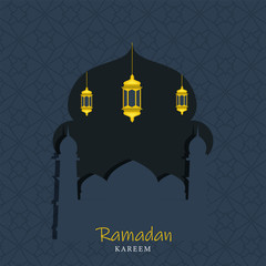 Sticker - Islamic Holy Month of Ramadan Concept with Hanging Golden Lantern and Mosque on Textured Grey Background.