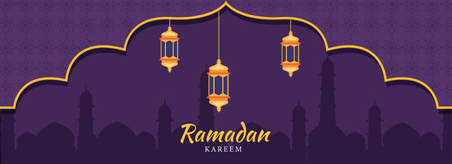 Sticker - Islamic Holy Month of Ramadan Banner with Hanging Illuminated Lanterns, Mosque Silhouette on Purple Background.