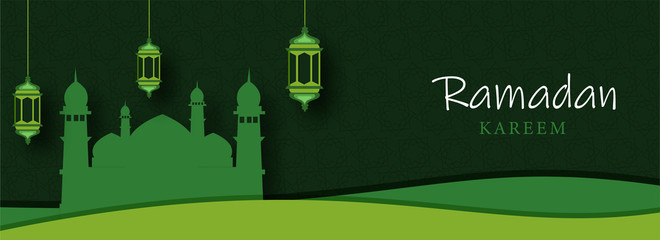 Wall Mural - Islamic Holy Month of Ramadan Kareem Banner with Mosque and Hanging Lanterns on Green Pattern Background.
