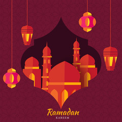 Sticker - Islamic Holy Month of Ramadan Concept with Hanging Illuminated Lanterns, Mosque on Pink Textured Background.