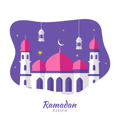 Wall Mural - Islamic Holy Month of Ramadan Kareem with Beautiful Paper Mosque, Hanging Lanterns on Purple and White Background.